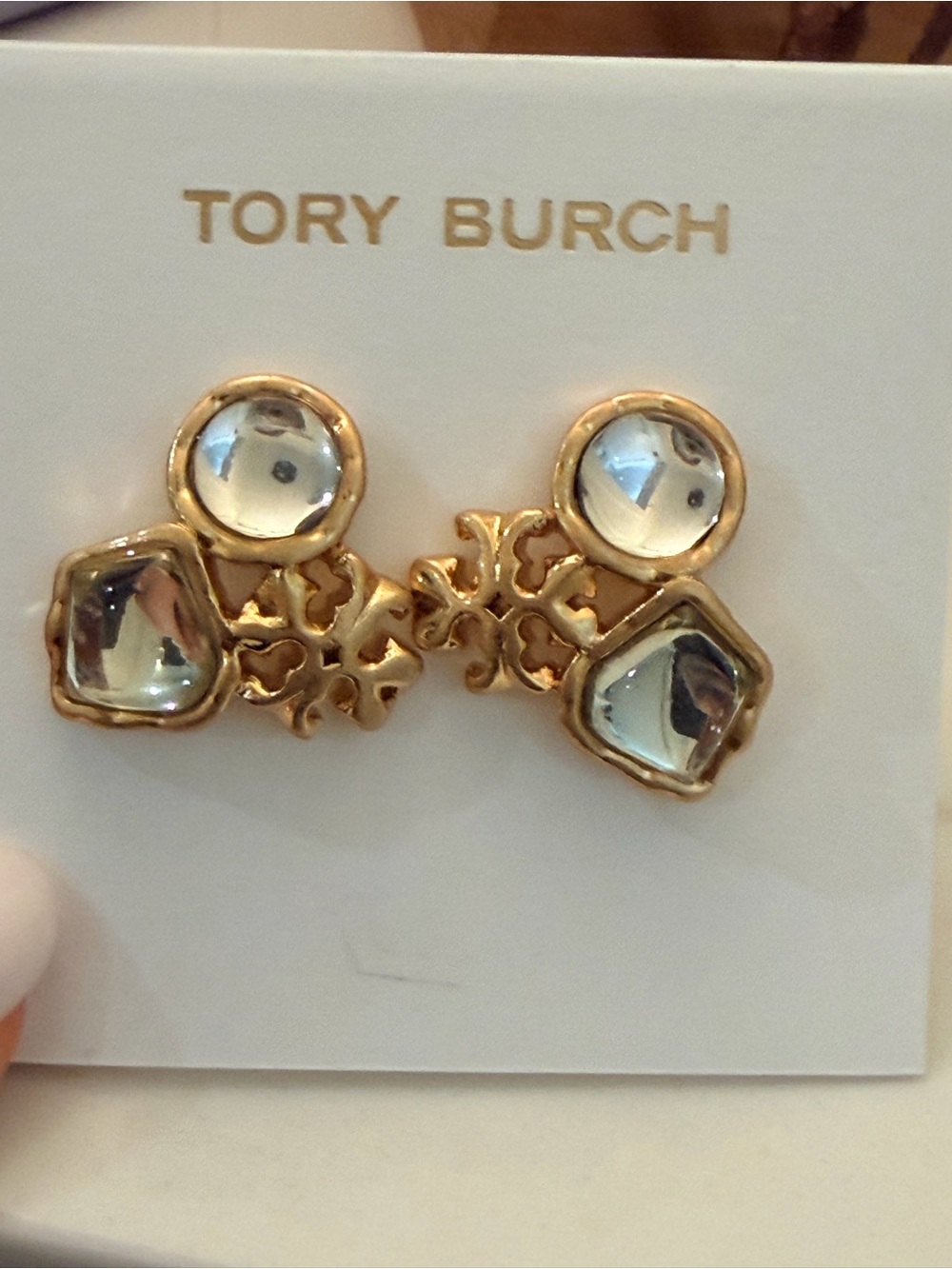 Tory Burch Gold Logo Stud Earrings with Clear Crystal Accents